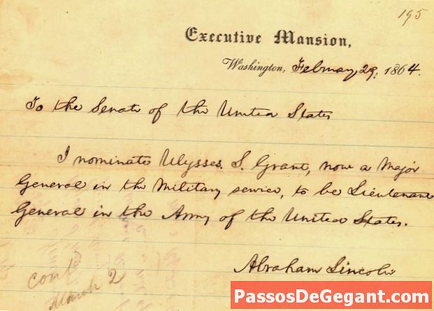 Линкълн подписва комисията на Улис С. Грант да командва американската армия